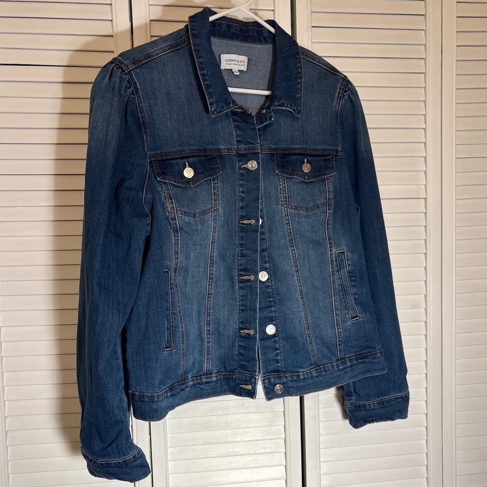 Crown & Ivy Womens Puff Sleeve Denim Jacket Medium Wash BlueXL Trucker Jean Coat